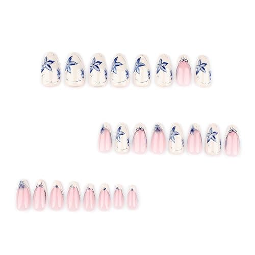 French Short Press On Nails Almond, Nude Fake Nails with Beige French Tip and Graceful Blue Floral Petal Design, Glossy Gel Finish Acrylic Nails, Natural Reusable Glue On Nails Kit for Women, 24 Pcs - 31-Petal Grace thumbnail 2