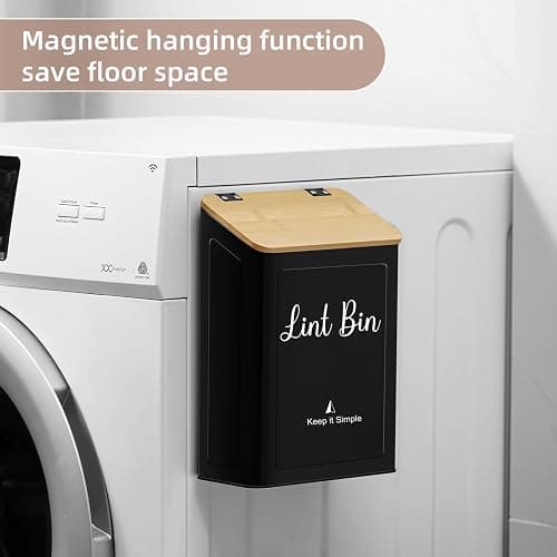 SUBEKYU Metal Magnetic Lint Bin for Laundry Room, Wall Mounted Lint Box Holder with Lid for Dryer,Laundry Room Organization and Storage,Bamboo Lid Lint Basket,Black thumbnail 6