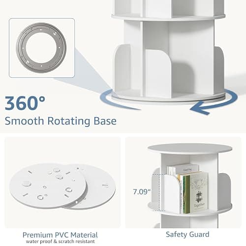 DUMOS 3 Tier Rotating Bookshelf Tower, Spinning Bookshelf for Small Space | 360° Display Revolving Bookcase Lazy Susan, Freestanding Vertical Corner Book shelf for Bedroom, Living Room, Entryway, White thumbnail 6