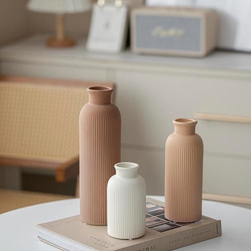 Modern Ceramic Vase Set, Earth Tone Natural Color Ribbed Matte Design, 3-Piece Decorative Vases for Home, Living Room, Office (Coffee Mix) thumbnail 8