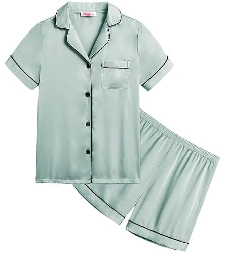 Veseacky Unisex Satin Pajamas Set Boys Girls Silk Pjs Short Sleeve 2 Piece Sleepwear Button-Down Kids Nightwear(4-13T) thumbnail 5