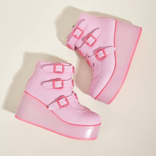 LUCKY STEP Women Platform Chunky Ankle Boots - Round Toe Zipper Wedges High Heels Rave Buckle Thick Sole Goth Booties thumbnail 7