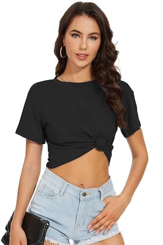 Womens Crop Tops Summer Casual T Shirts Short Sleeve Round Neck Tees Loose Basic Blouse thumbnail 3