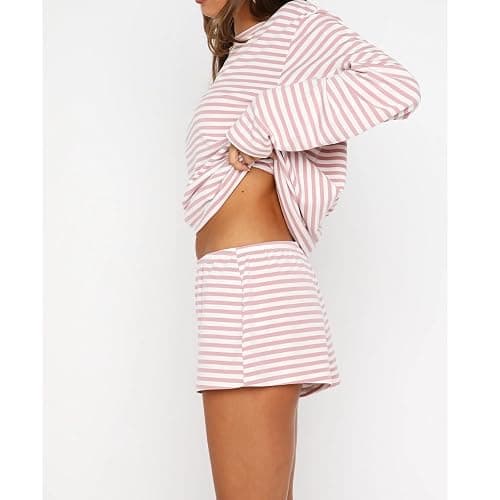 Meihuida Women Striped Pajama Set Y2k Lounge Outfit Long Sleeve Top with Matching Shorts 2 Piece Pjs thumbnail 3
