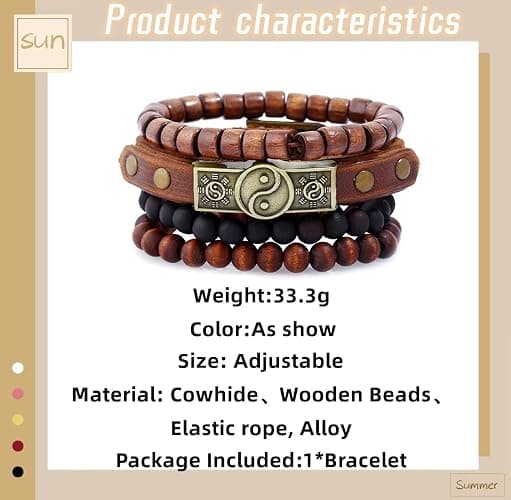 GAUEIOUR Cowhide Wooden Beaded Bracelet, Bagua Tribal Bangle for Men & Women, Multi-layered Beaded Wood Bead Bracelet (4PCS) thumbnail 2