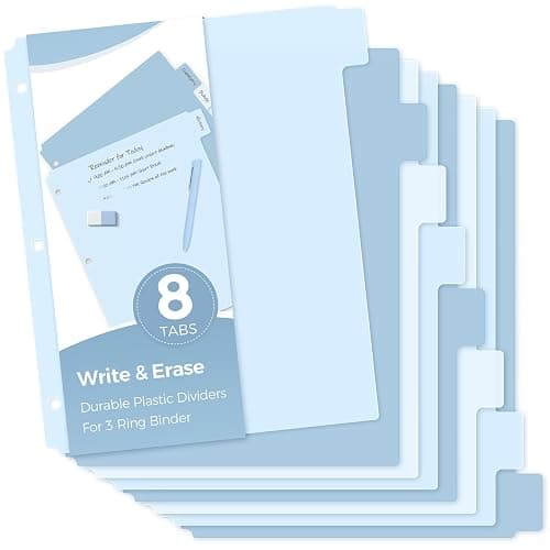 SKYDUE Binder Dividers with Tabs for Letter Size, 8-Tab Write & Erase Plastic Dividers for 3 Ring Binder, Writable & Reusable Binder Dividers for School, Office and Home - Image 1
