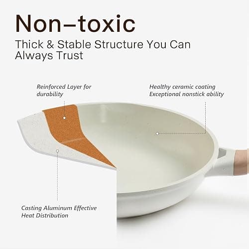 Pots and Pans Set Non Stick Non-Toxic 22 Pcs Ceramic Cookware Sets Nonstick Kitchen Pot&Pan With Lid Cream White Granite Induction Compatible with Glass Lids Crepe Frying Pan PFOA/PFOS-Free thumbnail 3
