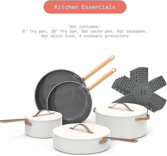 Beautiful 12pc Ceramic Non-Stick Cookware Set by Drew Barrymore, Pots & Pans with Lids, Dishwasher‑Safe,Soft‑Touch Handles, Even‑Heat Base. (White Icing) thumbnail 4