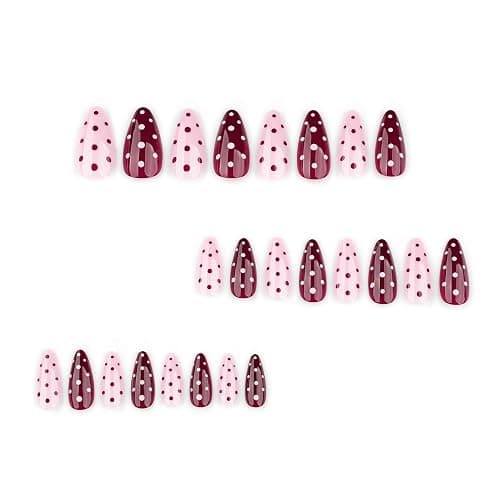 Cute Polka Dot Press on Nails Almond Medium Pink Red Fake Nails with Designs Gel Artificial Nails Press Ons Gel Acrylic Glue on Nails Medium Length Full Cover Stick on Nails for Women 24Pcs thumbnail 7