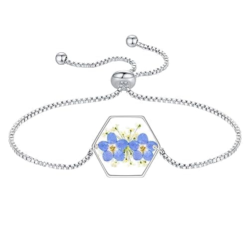 Forget-Me-Not and Queen Anne's Lace Pressed Wildflower Bracelet,Gold Pressed Wildflowers Resin Bracelet,Personalized Handmade Bracelet - Image 1