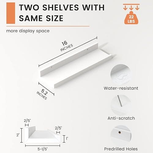 FLYJOE Picture Ledge Shelf, Floating Shelves Set of 2, 16 Inches Nursery Book Shelves for Toys Storage, Kids Bookshelf Wall Mounted for Living Room Bedroom Decor Books Photo Frames, White thumbnail 3