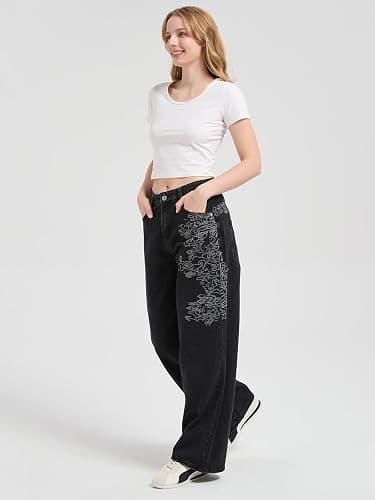 Xineicy Jeans for Women Y2k Grunge Baggy Jeans Mid-Low Waist Barrel Vintage Gothic Denim Pants Streetwear thumbnail 3