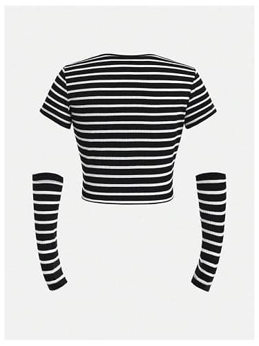 SOLY HUX Girl's Y2k Striped Star Graphic Vintage Crop Tops with Arm Sleeves | Goth Style, Scene, Grunge Tops，Slim Fitted, Short Sleeve, Fall Outfits, Casual T Shirt thumbnail 2