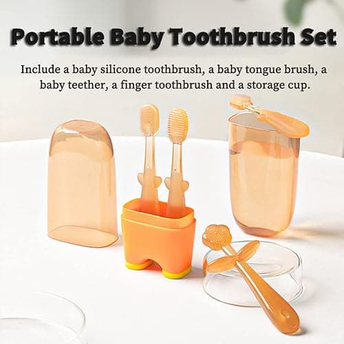 FOKiiBO Baby Silicone Toothbrush Set, Toothbrush + Tongue Brush + Baby Teether + Finger Toothbrush with Cup for Training Teething, 0-18M Infant Toddler Newborn Baby Teeth Brushes (Blue) thumbnail 2