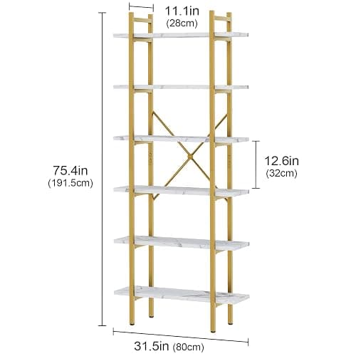 Azheruol 6 Tiers Bookshelf Organizer White Faux Marble Shelf,Modern Open Display Storage Bookcase, and Metal Bookshelf Standing Storage Shelf Tall Shelving Units for Home Office Study thumbnail 2