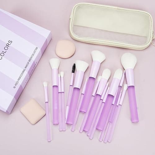 LULUCOLORS 18-Piece Light Purple Professional Makeup Brush Set – Translucent Rubberized Handles, Soft Synthetic Bristles for Face & Eye Makeup–Includes Travel Bag & Sponges, Complete Brush Collection thumbnail 7