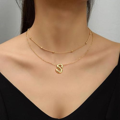 PANSHI Easter Basket Stuffers Gold Initial Necklaces Easter Gifts for Girls Women Kids Teen Girl Gifts Trendy Stuff Layered Bubble Letter Necklace Gold Jewelry Birthday Gift thumbnail 4