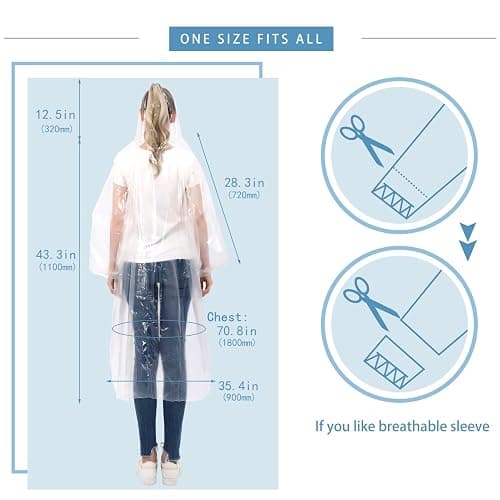 SWOGAA Disposable Rain Ponchos 6/10 Pack for Adults Extra Thick Long Sleeve | Clear Extra Thick PE Material, Long Sleeves with Elastic Cuffs for Travel, Camping, Festivals thumbnail 6