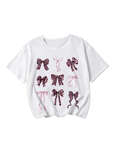 RoseSeek Girl's Bow Graphic Tees Crew Neck Short Sleeve Summer T Shirts Preppy Cute Clothes for Girls - Image 1