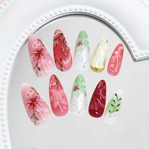 24pcs Flower Press on Nails Medium Almond Fake Nails with 3D Pink Summer Floral Designs Gradient False Nails Butterfly Glue on Nail Cute Flowers Acrylic NailsFull Cover Stick on Nails for Women thumbnail 3