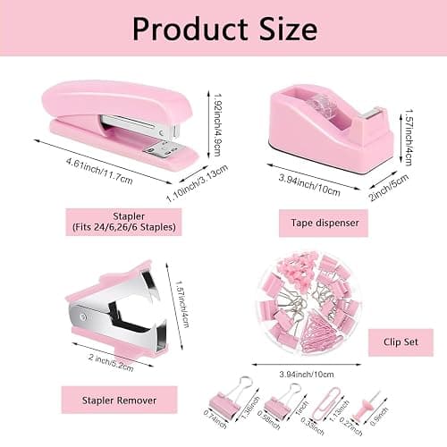 Office Supplies,Pink Desk Accessories,Office Supplies Set,Stapler and Tape Dispenser Set,Scissors,Staple Remover,Binder Clips,Staples,Ballpoint Pen,Index Tabs with Ruler,Clear Tape.9pcs for Office thumbnail 3