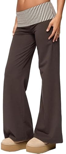 Women Y2k Foldover Pants Wide Leg Flare Sweatpants Low Rise Lounge Bottoms | Fold over Color Block Leggings, Cute Straight Leg Yoga Pj Pants - Image 1