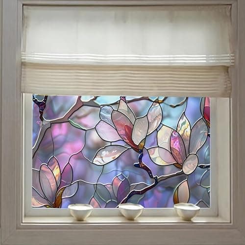 JOONOR Retro Magnolia Sunroof Film,Stained Glass Decals Colorful Floral Window Privacy Film for Car Sunroof Living Room Sun Blocking Decor Removable Static Cling PVC Stickers, 17.72 x 35.43 Inch thumbnail 6