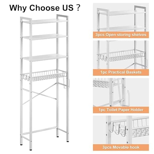Kalrin Over-The-Toilet Storage Rack, 4-Tier Bathroom Organizer Shelf Over Toilet with Adjustable Shelf and Basket, Freestanding Space Saver Bathroom Shelves Above Toilet for Room (Pure White) thumbnail 6