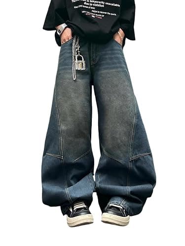 DFGIGT Men's Vintage Baggy Barrel Wide Leg Jeans Structured Stitching Loose Fit Retro Casual Streetwear Denim Pants - Image 1