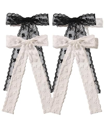XFYUZR 4Pcs Large lace Hair Clips for Women Girls,Lace Tassel Bows Metal Clips with Long Tail Ribbons,Cute Hair Bows Barrette for Hair Accessories(Black,White) - Image 1