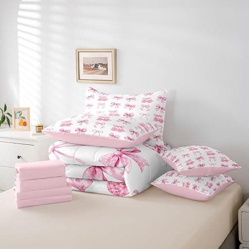 Feelyou Pink Bow Kids Comforter Set with Sheets,Boys Girls Twin Size,Disco Light Ball Print 7 Piece Bedding Set,Cute Coquette Bow Knot Bed in a Bag,Butterfly Knot Princess All Season Bowknot thumbnail 5