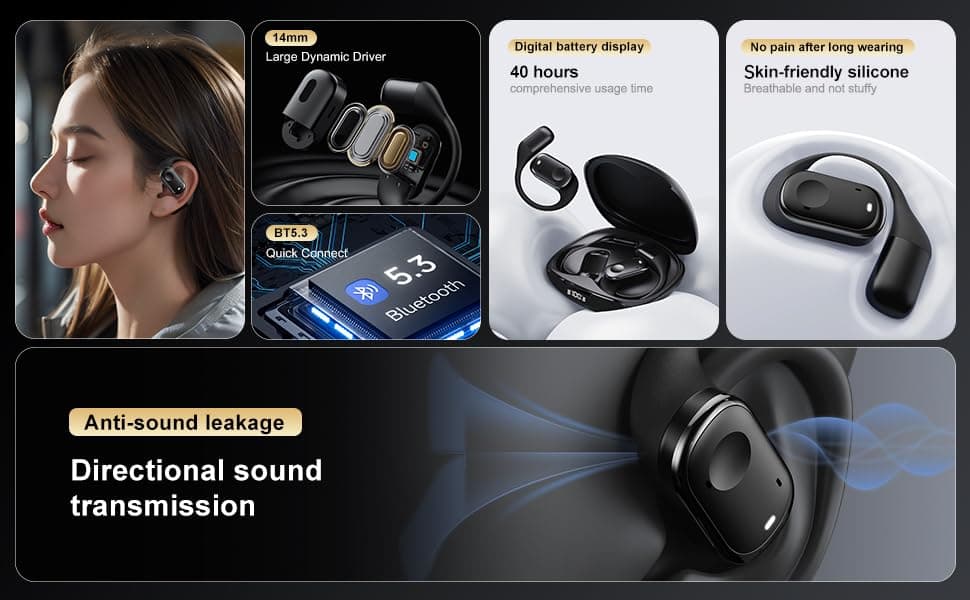 Wireless Earbuds, Open Ear Headphones Touch Control 14.2mm Speakers Ear Buds IP5 Waterproof Sport Bluetooth Earphones Over-Ear with Earhooks 40H Playback LED Power Display Headset for Work Running thumbnail 8