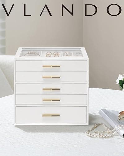 Vlando 5 Layer Jewelry Box for Women, Glass Lid Jewelry Organizer with 5 Drawers for Necklaces Rings Earrings Bracelets - White thumbnail 7