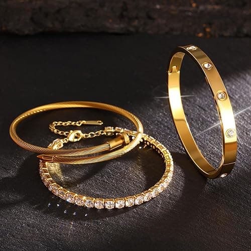 JUNVirtuous 3-Pack Gold Bracelets for Women,18K Gold Plated Bangle Tennis Bracelets Stack Set for Women Trendy Non Tarnish Stainless Steel Gold Bangles Accessories Designer Jewelry Pulseras Para Mujer thumbnail 7