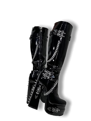 Frankie Hsu Goth Sexy Chunky Platform Knee High Heeled Boots, Black Patent Silver Chain Rivets Gothic, Punk Y2K Hot Girl Big Large Size Wide Calf Long Shoes For Women Men - Image 1