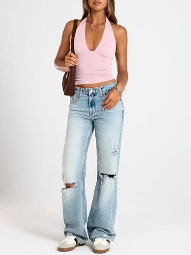 Trendy Queen Double Lined Halter Top for Women Open Back Backless Deep V Neck Crop Top Summer Teen Going Out Party Clubbing thumbnail 3