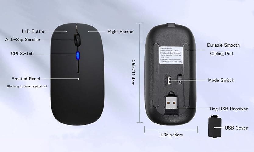 AIKOKOK Wireless Bluetooth Mouse, Rechargeable Dual Mode Mouse, Black | BT 5.2 & 2.4G USB Receiver, 3 Adjustable DPI,LED Lights,Slim,Silent,Portable Computer Mouse for Laptop,PC,MacBook,iPad,Tablet thumbnail 6