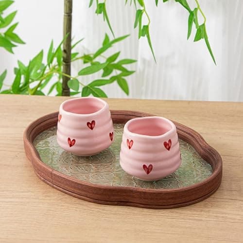 YumiPLUS 4pcs Ceramic Tea Cup Set – 160ml 5.4OZ Porcelain Pink Matcha Cup, Handless Cute Hearts Coffee Mugs for breakfast espresso/afternoon tea (Pink Love) thumbnail 9
