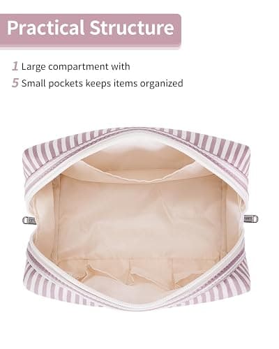 Narwey Striped Makeup Bag Travel Cosmetic Bag Organizer Toiletry Bag Make Up Bags with Compartments for Women Girls (Large, Dusty Rose Stripe) thumbnail 2