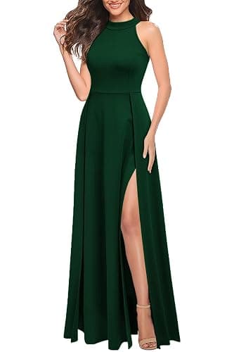 MUSHARE Women's Halter Neck Sexy Split Cocktail Party Maxi Long Formal Dress - Small - Green thumbnail 3
