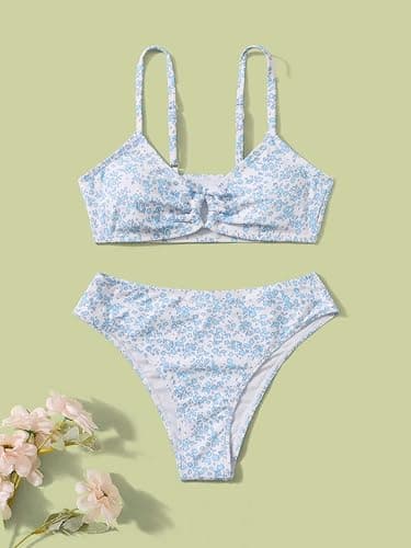COZYEASE Girls' 2 Piece Ditsy Floral Print Knot Front Ruched Triangle Bikini Swimsuit thumbnail 2