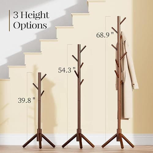 Pipishell Sturdy Wooden Coat Tree with 8 Hooks, 3 Adjustable Sizes for Clothes, Hat Stand Used in Bedroom/Office/Entryway, Brown thumbnail 3