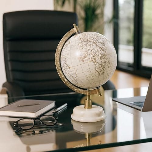 Decorative Globe with Marble Base for Home or Office Decor - Ornament for Desk, Hallway, or Coffee Table - Modern Desktop Globe for Living Room Decor or Shelf Display - 10", White & Gold - Image 1