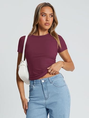 Trendy Queen Womens Basic T Shirts Summer Tops 2025 Crop Short Sleeve Slim Fit Tee Cute Gym Workout Clothes thumbnail 5