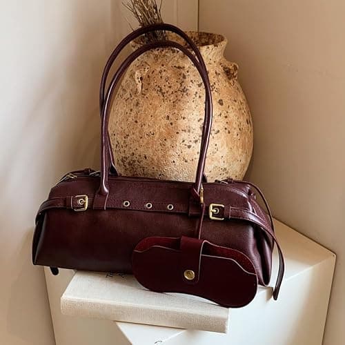 ALINUOYQ Boston Shoulder Bags for Women PU Leather Tote Bag Casual Bowling Bag Purse Retro Underarm Bag thumbnail 5