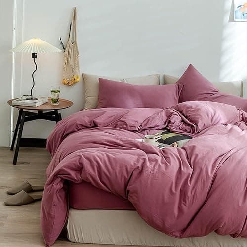 AMWAN Modern Purple Mauve Solid Cotton Duvet Cover with 2 Pillowcases, King Size, Knit Comforter Cover, Luxurious Bedding Set thumbnail 8