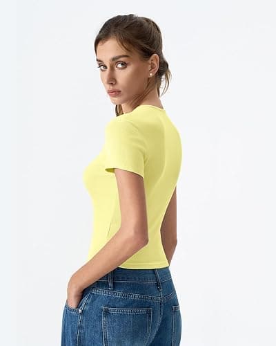 QINSEN Women's Crewneck Short Sleeve T Shirts Ribbed Button Going Out Trendy Tops thumbnail 2