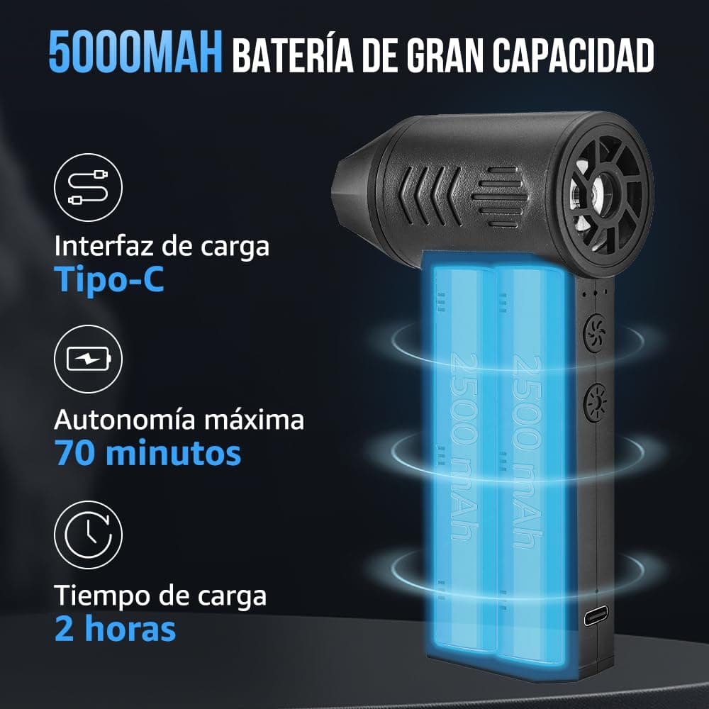 Nasjac Plumero de Aire Comprimido Eléctrico, 16 en 1 Soplador de aire Inalambrico de 130000RPM para limpiador Teclado y PC, Pistola de Aire Comprimido con Luz LED, Ventilador Turbo con 4 Velocidades thumbnail 5