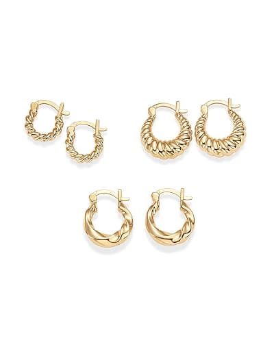 PAVOI 14K-18K Yellow Gold Plated 925 Sterling Silver Posts Three Pairs Small Hoop Earrings for Women - Statement Gold Hoop Earrings Set - Cubic Zirconia Rope Teardrop Chunky Huggie Earscape Piercings thumbnail 3