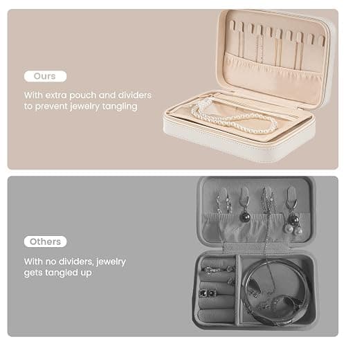Lolalet Travel Jewelry Case for Women Girls, Travel Jewelry Organizer Box with Mirror & Clear Storage Bag, Small Portable Earring Necklace Bracelet Ring Case, Birthday Valentine Gifts -Medium, White thumbnail 4